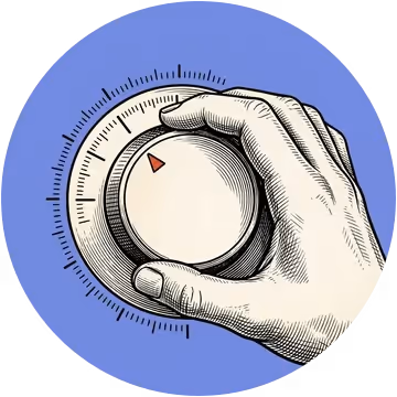 Etched illustration of a hand turning a control dial