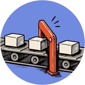 Etched illustration of a red gate pausing a box on a conveyor belt