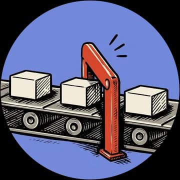 Etched illustration of a red gate pausing a box on a conveyor belt