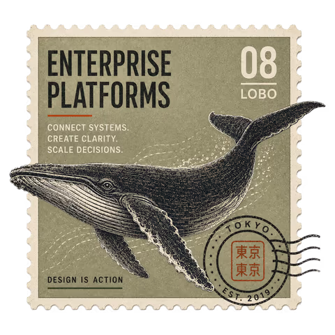A vintage engraved postage stamp titled Enterprise Platforms, number 08, Lobo, showing a humpback whale on a sage field with the lines "Connect systems. Create clarity. Scale decisions," a Tokyo postmark cancellation, and "Design is action."