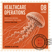 A vintage engraved postage stamp titled Healthcare Operations, number 08, Lobo, showing a jellyfish on a rust-orange field with the lines "Keep care moving. Coordinate the floor. Reduce friction," a Tokyo postmark cancellation, and "Design is action."