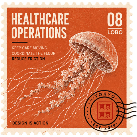 A vintage engraved postage stamp titled Healthcare Operations, number 08, Lobo, showing a jellyfish on a rust-orange field with the lines "Keep care moving. Coordinate the floor. Reduce friction," a Tokyo postmark cancellation, and "Design is action."