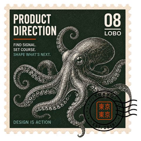 A vintage engraved postage stamp titled Product Direction, number 08, Lobo, showing an octopus on a deep green field with the lines "Find signal. Set course. Shape what's next," a Tokyo postmark cancellation, and "Design is action."